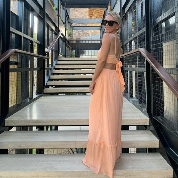 peach cut out dress Peach Ruch Maxi Dress - Cutout Maxi Dress - Tiered Maxi Dress